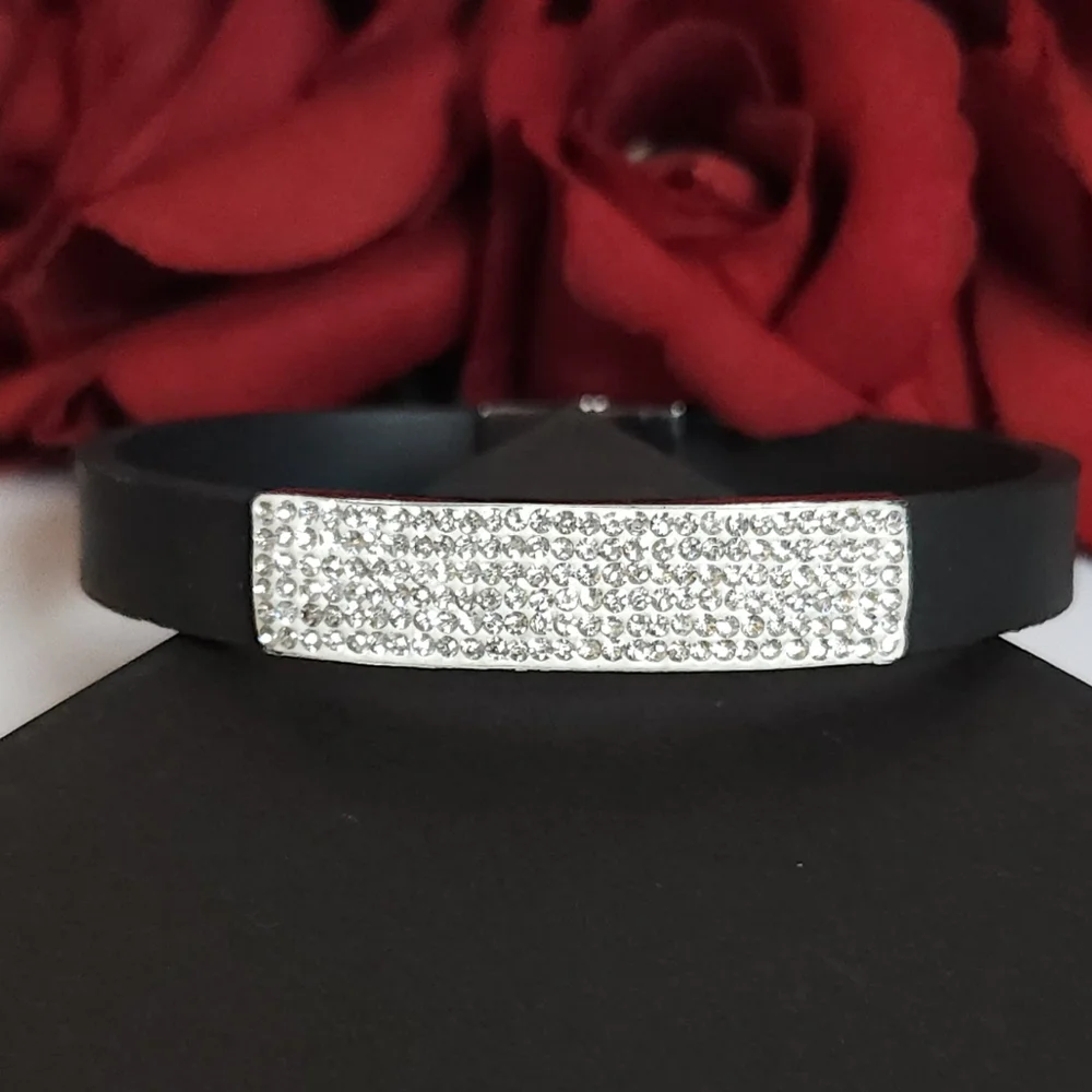 Cubic Zirconia Crystal Bar Black Band Bracelet Stainless Steel CN Marked